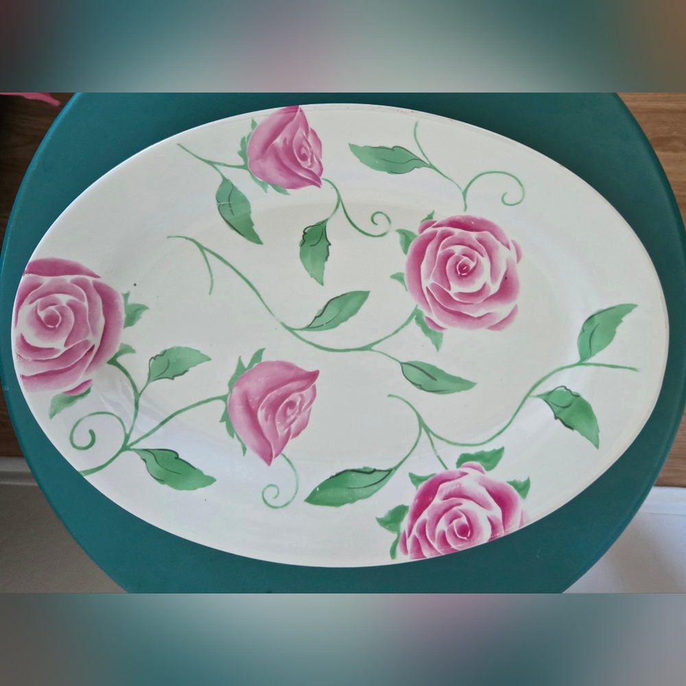 Stoneware Serving Platter 14"×10" Rose Pattern Euc